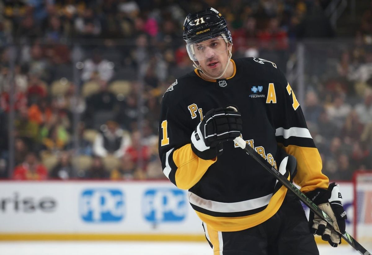 Apr 8, 2025; Pittsburgh, Pennsylvania, USA;  Pittsburgh Penguins center Evgeni Malkin (71) looks on against the Chicago Blackhawks during the first period at PPG Paints Arena. Mandatory Credit: Charles LeClaire-Imagn Images