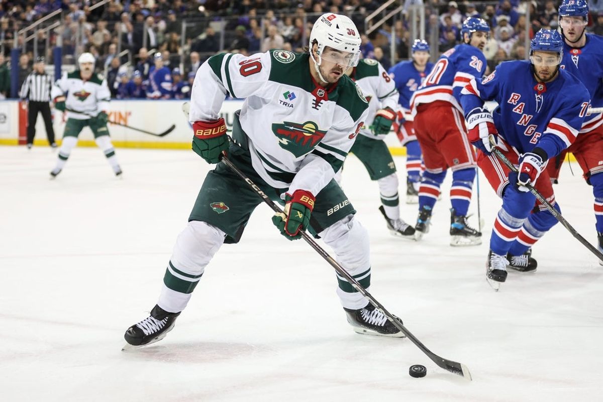 Apr 2, 2025; New York, New York, USA;  Minnesota Wild left wing Marcus Johansson (90) at Madison Square Garden. Mandatory Credit: Wendell Cruz-Imagn Images