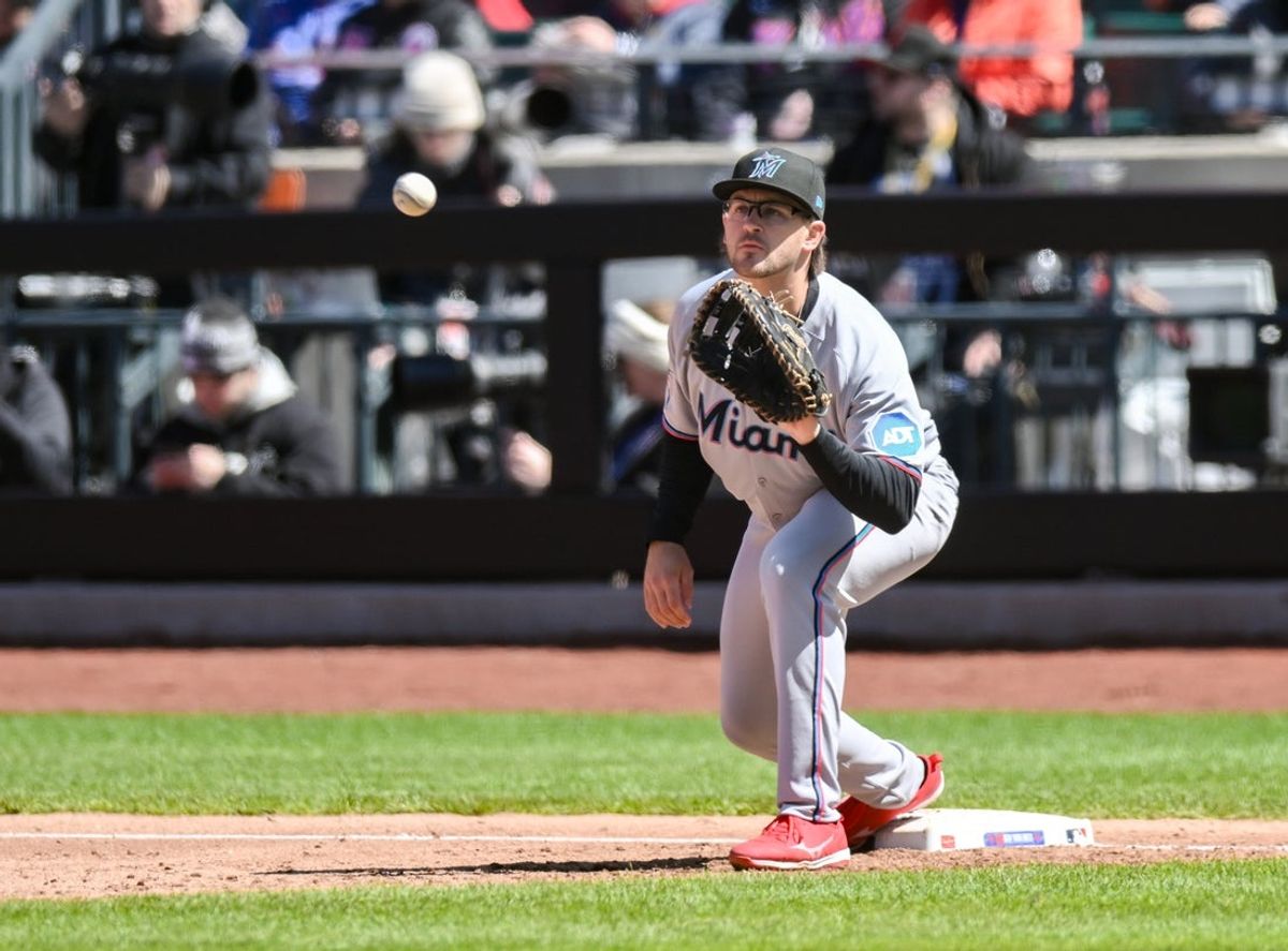 Apr 9, 2025; New York City, New York, USA; Miami Marlins first baseman Jonah Bride (41) in action during a game against the New York Mets at Citi Field. Mandatory Credit: John Jones-Imagn Images