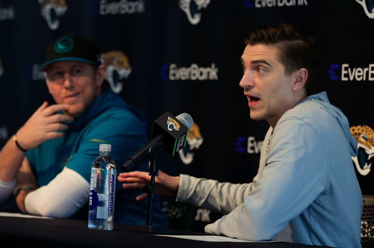 Jacksonville Jaguars general manager James Gladstone, right, speaks next to head coach Liam Coen during a press conference at Miller Electric Center Tuesday, April 15, 2025 in Jacksonville, Fla. [Corey Perrine/Florida Times-Union]