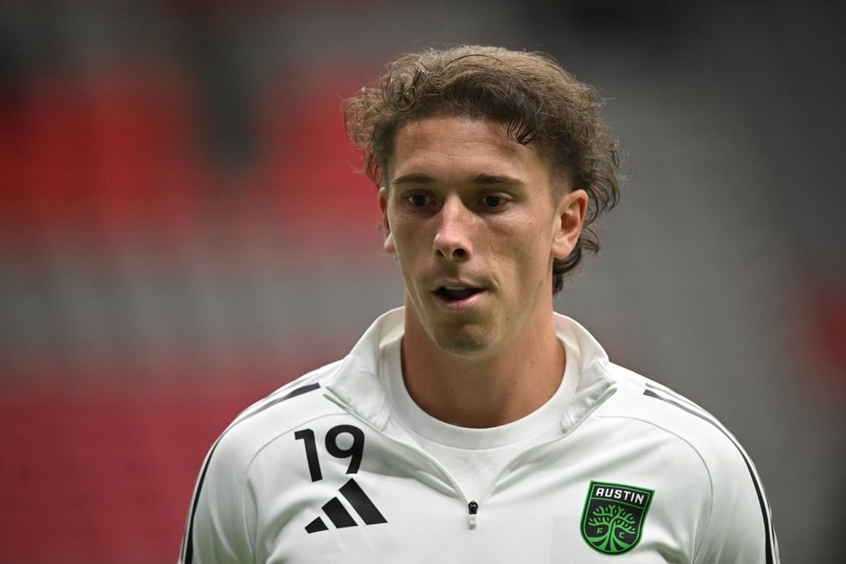 Apr 12, 2025; Vancouver, British Columbia, CAN;  Austin FC forward CJ Fodrey (19) warms up prior to the match against the Vancouver Whitecaps FC at BC Place. Mandatory Credit: Anne-Marie Sorvin-Imagn Images