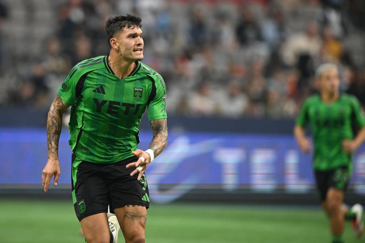 Apr 12, 2025; Vancouver, British Columbia, CAN;  Austin FC forward Brandon Vazquez (9) runs down the pitch during the second half against the Vancouver Whitecaps FC at BC Place. Mandatory Credit: Anne-Marie Sorvin-Imagn Images