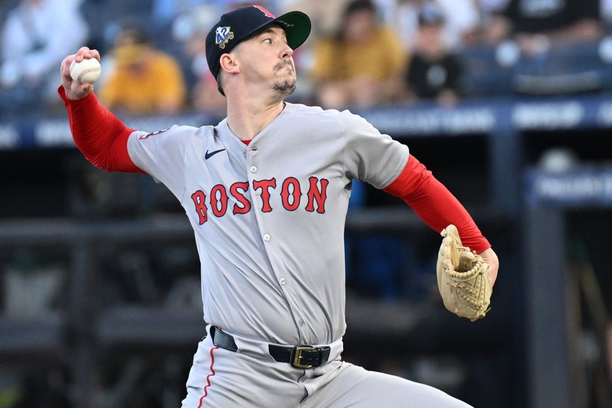 Apr 15, 2025; St. Petersburg, Florida, USA; Boston Red Sox starting pitcher Walker Buehler (0) throws a pitch in the first inning against the Tampa Bay Rays at George M. Steinbrenner Field. All players wore #42 in honor of Jackie Robinson Day. Mandatory Credit: Jonathan Dyer-Imagn Images