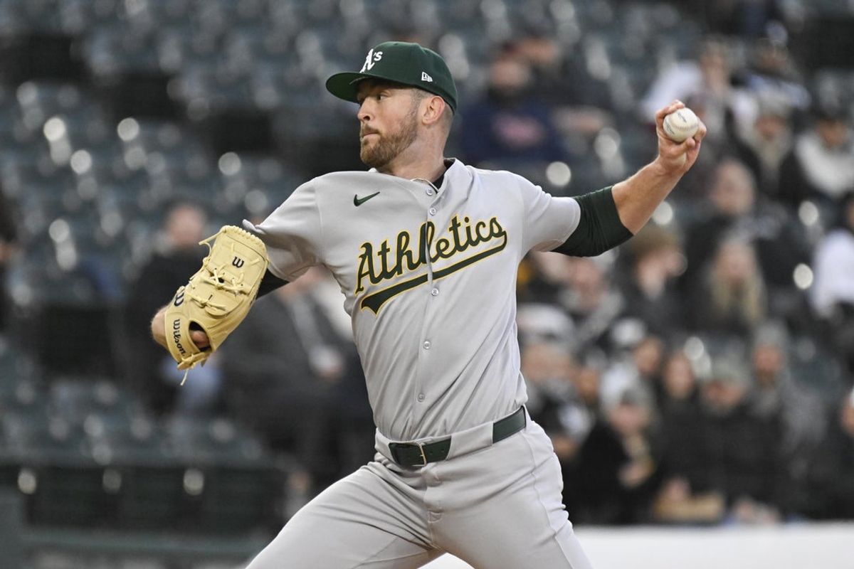 Apr 15, 2025; Chicago, Illinois, USA;   Athletics pitcher Jeffrey Springs (59) delivers during the first inning against the Chicago White Sox at Rate Field. Mandatory Credit: Matt Marton-Imagn Images