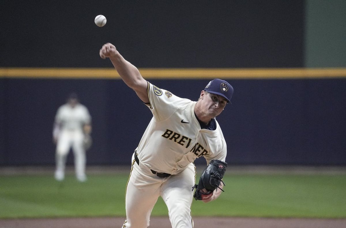 Apr 15, 2025; Milwaukee, Wisconsin, USA; Milwaukee Brewers pitcher Quinn Priester (46) delivers a pitch against the Detroit Tigers in the first  inning at American Family Field. Mandatory Credit: Michael McLoone-Imagn Images