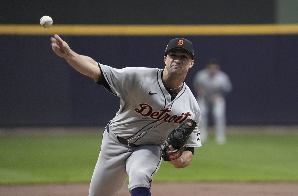 Apr 15, 2025; Milwaukee, Wisconsin, USA; Detroit Tigers pitcher Jack Flaherty (9) delivers a pitch against Milwaukee Brewers in the first inning at American Family Field. Mandatory Credit: Michael McLoone-Imagn Images