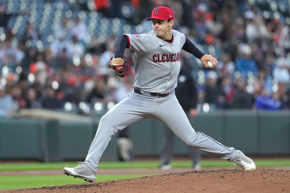 Apr 15, 2025; Baltimore, Maryland, USA; Cleveland Guardians pitcher Logan Allen (42) delivers during the second inning against the Baltimore Orioles at Oriole Park at Camden Yards. Mandatory Credit: Mitch Stringer-Imagn Images