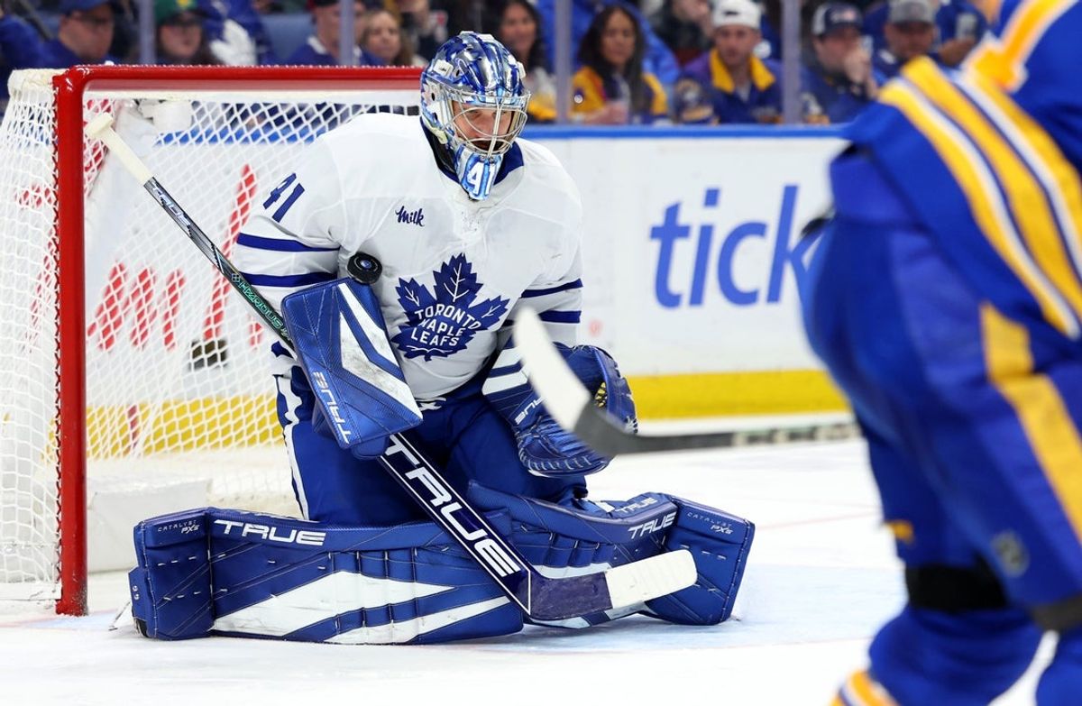Apr 15, 2025; Buffalo, New York, USA;  Toronto Maple Leafs goaltender Anthony Stolarz (41) makes a save during the second period against the Buffalo Sabres at KeyBank Center. Mandatory Credit: Timothy T. Ludwig-Imagn Images