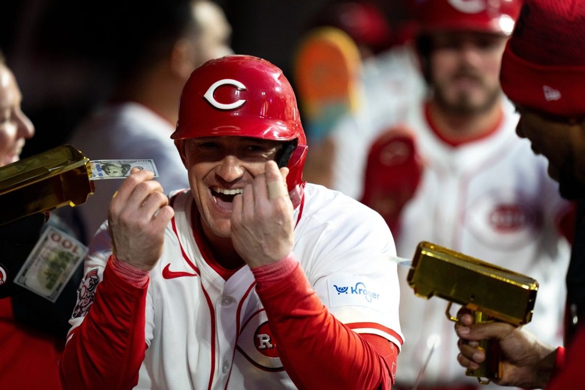 Cincinnati Reds designated hitter Austin Hays gestures after rounding the bases from his 3-run home run in the fifth inning of the MLB game between Cincinnati Reds and Seattle Mariners at Great American Ball Park in Cincinnati on Tuesday, April 15, 2025.