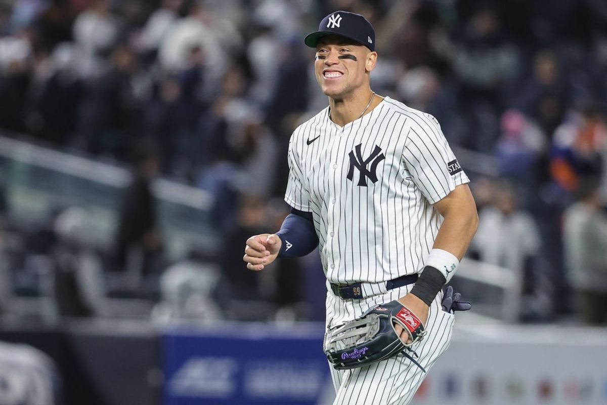 Apr 15, 2025; Bronx, New York, USA;  New York Yankees right fielder Aaron Judge (99) reacts after defeating the Kansas City Royals 4-2 at Yankee Stadium. All players wore #42 for Jackie Robinson Day.  Mandatory Credit: Wendell Cruz-Imagn Images