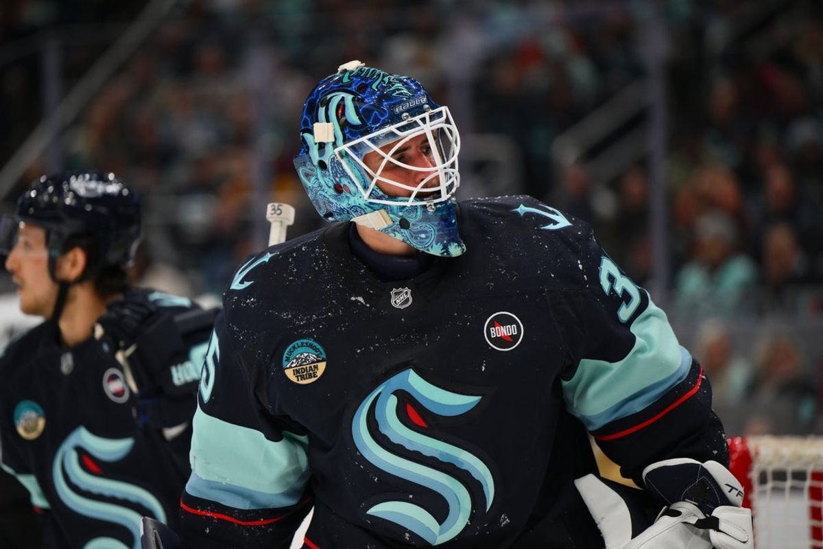 Apr 15, 2025; Seattle, Washington, USA; Seattle Kraken goaltender Joey Daccord (35) skates around after the Los Angeles Kings scored a goal during the second period at Climate Pledge Arena. Mandatory Credit: Steven Bisig-Imagn Images