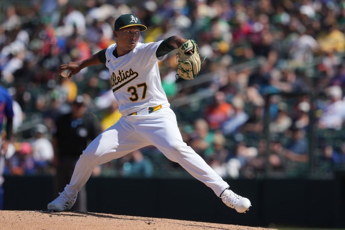 Apr 13, 2025; West Sacramento, California, USA; Athletics pitcher Jose Leclerc (37) throws a pitch against the New York Mets during the seventh inning at Sutter Health Park. Mandatory Credit: Darren Yamashita-Imagn Images