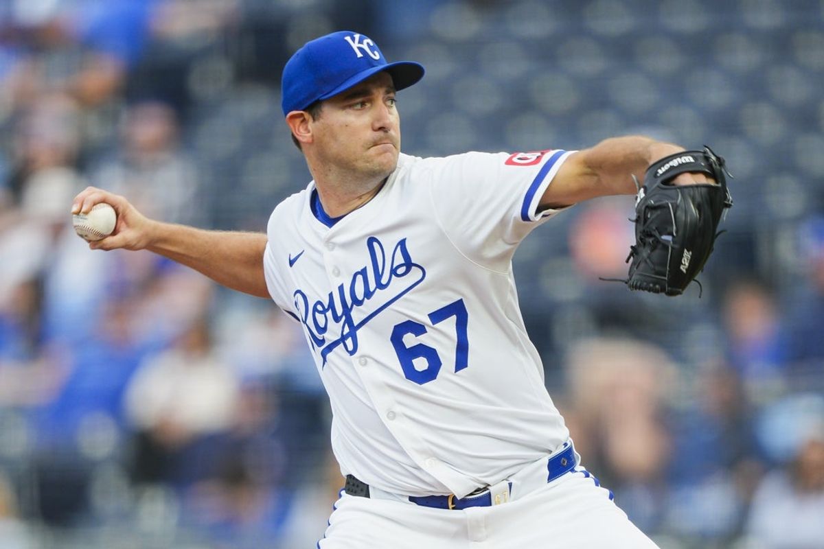 Apr 9, 2025; Kansas City, Missouri, USA; Kansas City Royals starting pitcher Seth Lugo (67) pitches against the Minnesota Twins at Kauffman Stadium. Mandatory Credit: Jay Biggerstaff-Imagn Images