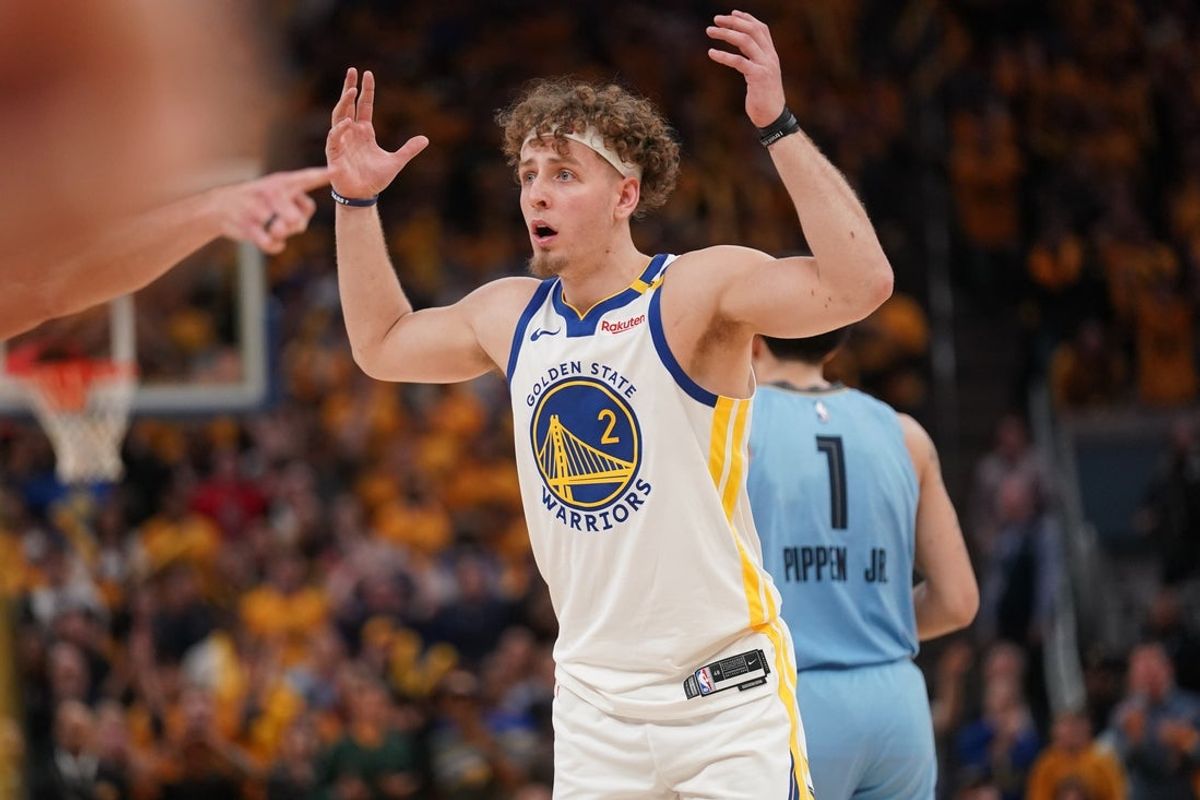 Apr 15, 2025; San Francisco, California, USA; Golden State Warriors guard Brandin Podziemski (2) reacts after the Warriors were called for a foul against the Memphis Grizzlies in the fourth quarter at the Chase Center. Mandatory Credit: Cary Edmondson-Imagn Images