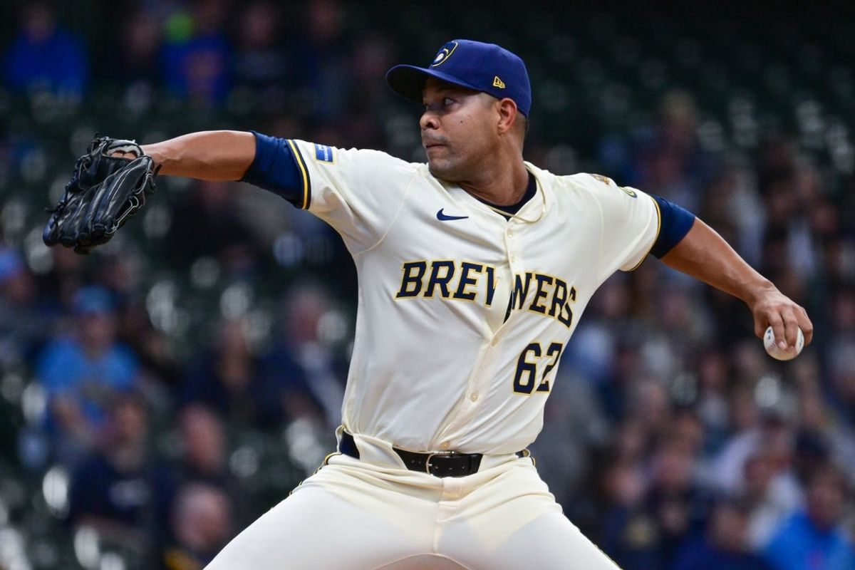 Apr 16, 2025; Milwaukee, Wisconsin, USA; Milwaukee Brewers starting pitcher Jose Quintana (62) throws a pitch in the first inning against the Detroit Tigers at American Family Field. Mandatory Credit: Benny Sieu-Imagn Images