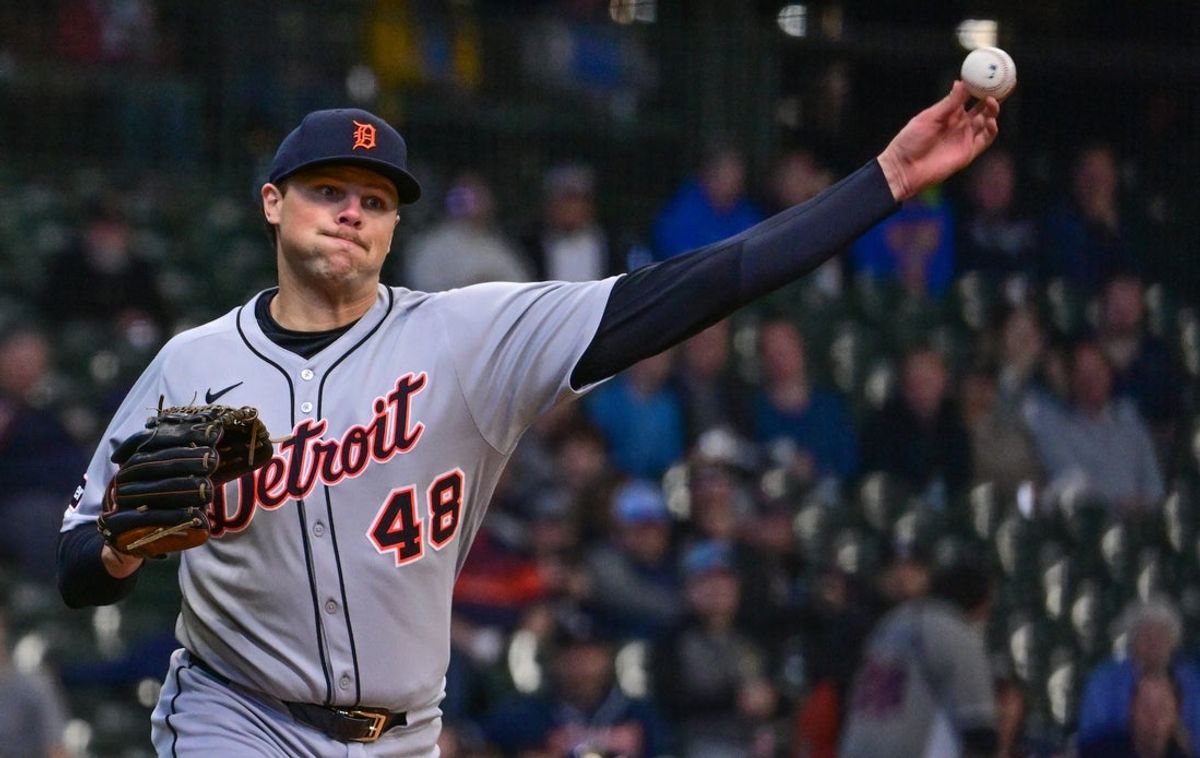 Apr 16, 2025; Milwaukee, Wisconsin, USA;  Detroit Tigers pitcher Brant Hurter (48) makes a throwing error in the seventh inning against the Milwaukee Brewers at American Family Field. Mandatory Credit: Benny Sieu-Imagn Images