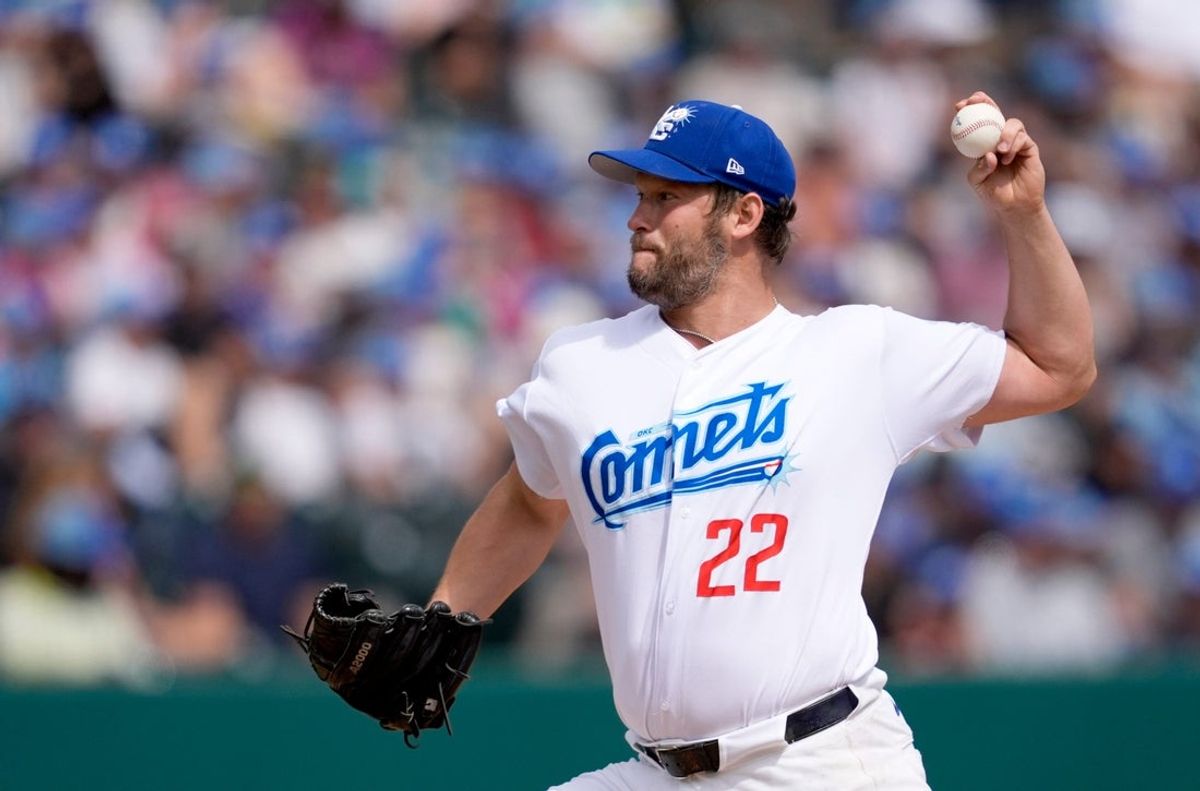 Oklahoma City's Clayton Kershaw (22) throws a pitch during the minor league baseball between the Oklahoma City Comets and the Tacoma Rainers a the Chickasaw Bricktown Ballpark in Oklahoma City, Wednesday, April, 16, 2025.