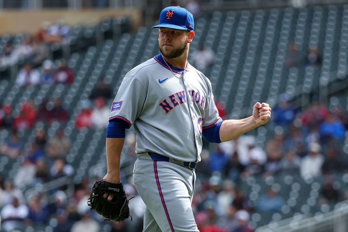 Apr 16, 2025; Minneapolis, Minnesota, USA; New York Mets pitcher A.J. Minter (33) reacts during the eighth inning against the Minnesota Twins at Target Field. Mandatory Credit: Matt Krohn-Imagn Images