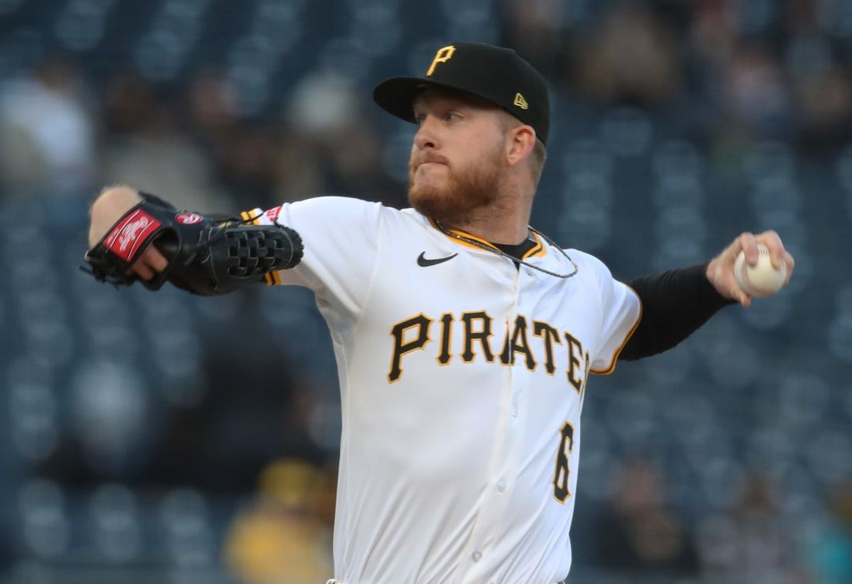 Apr 16, 2025; Pittsburgh, Pennsylvania, USA;  Pittsburgh Pirates starting pitcher Bailey Falter (6) delivers a pitch against the Washington Nationals during the first inning at PNC Park. Mandatory Credit: Charles LeClaire-Imagn Images