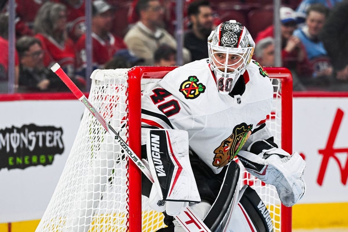 Apr 14, 2025; Montreal, Quebec, CAN; Chicago Blackhawks Arvid Arvid Soderblom (40) tracks the play against the Montreal Canadiens in the second period at Bell Centre. Mandatory Credit: David Kirouac-Imagn Images