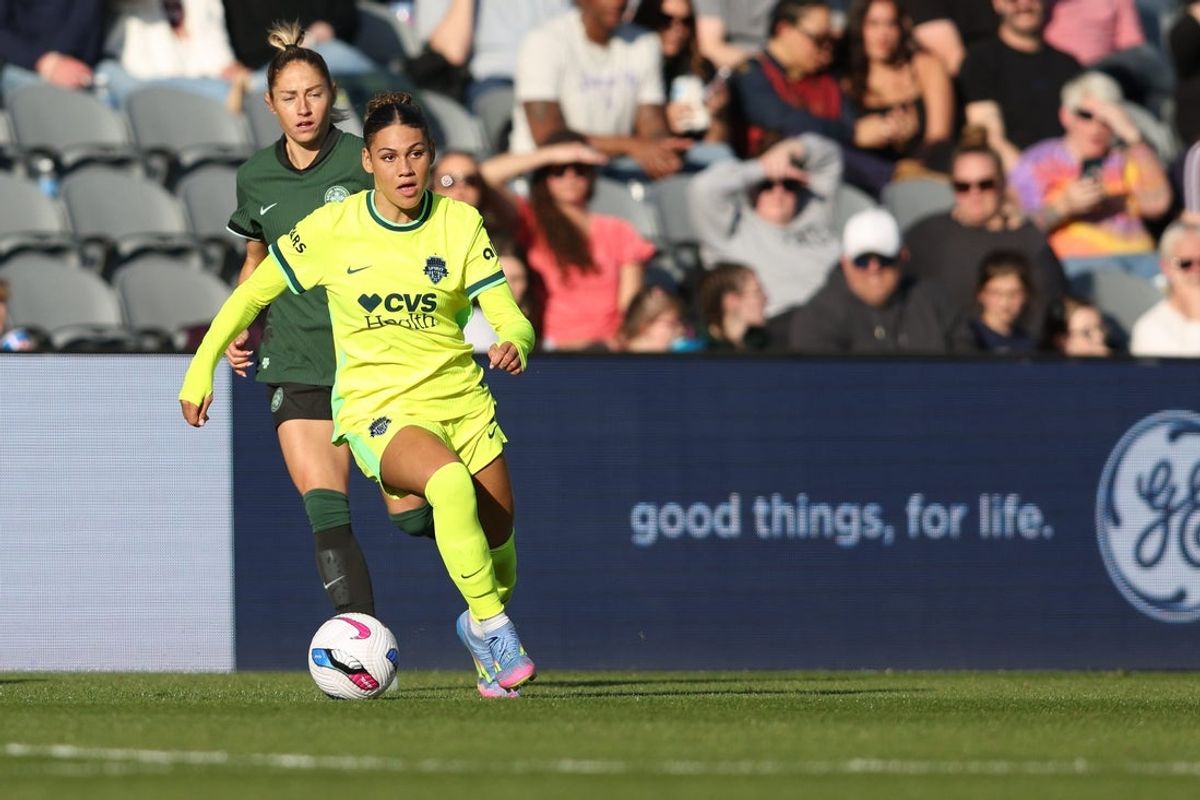 Apr 12, 2025; Louisville, Kentucky, USA;  Washington Spirit forward Trinity Rodman (2) dribbles the ball during the second half against Racing Louisville FC at Lynn Family Stadium. Mandatory Credit: EM Dash-Imagn Images