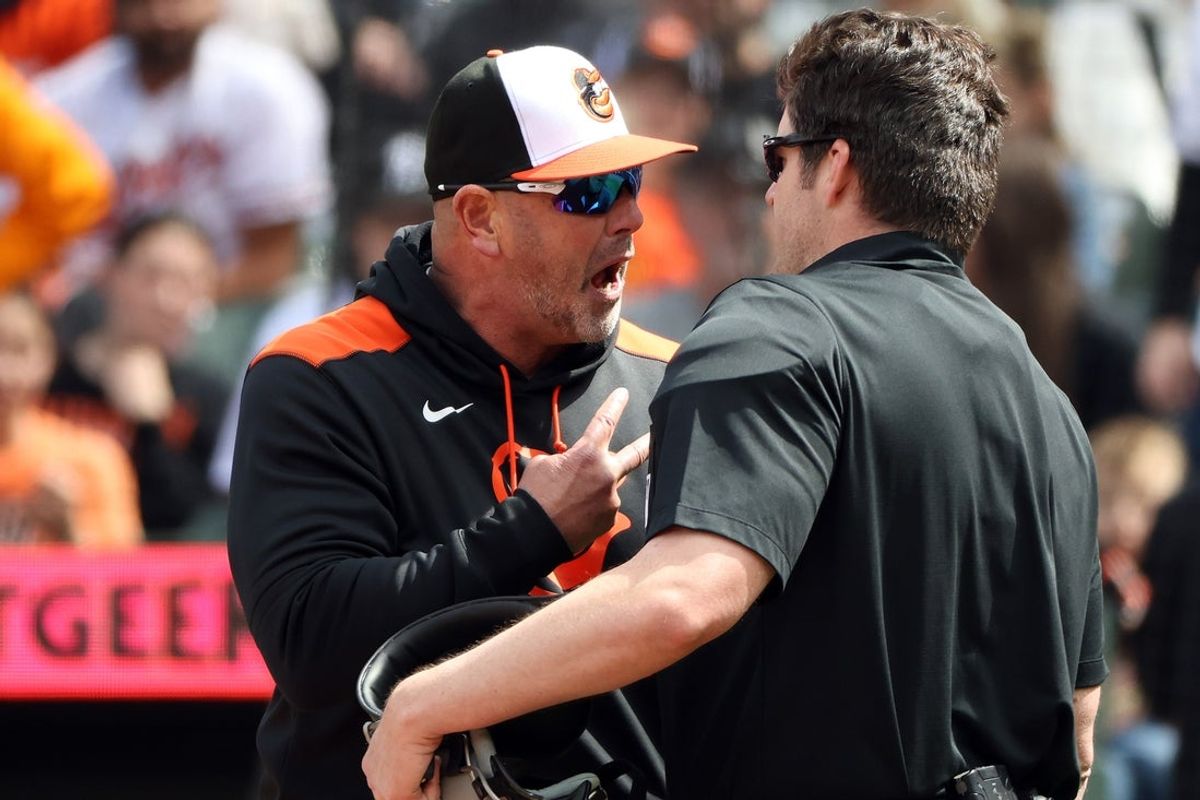 Apr 13, 2025; Baltimore, Maryland, USA; Orioles manager Brandon Hyde gets ejected by home plate umpire John Bacon during the third inning against the Toronto Blue Jays at Oriole Park at Camden Yards. Mandatory Credit: Daniel Kucin Jr.-Imagn Images