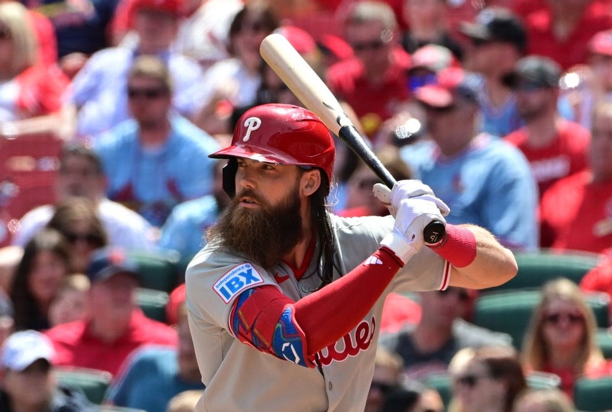 Apr 13, 2025; St. Louis, Missouri, USA; Philadelphia Phillies outfielder Brandon Marsh (16) at bat against the St. Louis Cardinals at Busch Stadium. Mandatory Credit: Tim Vizer-Imagn Images