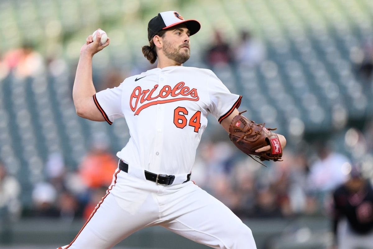 Apr 16, 2025; Baltimore, Maryland, USA;  Baltimore Orioles pitcher Dean Kremer (64) throws a pitch during the first inning against the Cleveland Guardians at Oriole Park at Camden Yards. Mandatory Credit: Reggie Hildred-Imagn Images