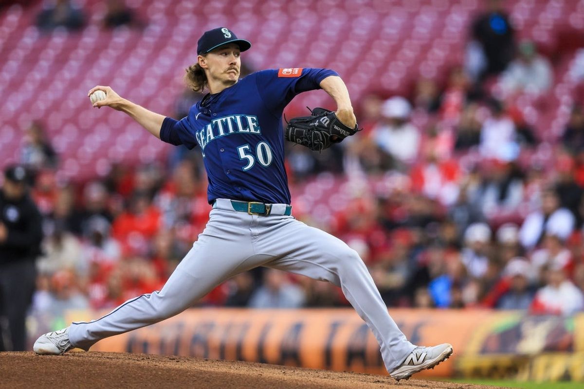 Apr 16, 2025; Cincinnati, Ohio, USA; Seattle Mariners starting pitcher Bryce Miller (50) pitches against the Cincinnati Reds in the first inning at Great American Ball Park. Mandatory Credit: Katie Stratman-Imagn Images
