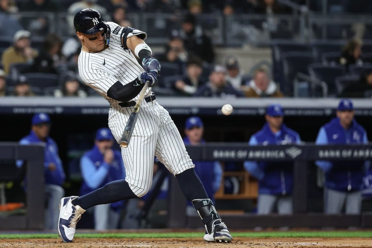 Apr 16, 2025; Bronx, New York, USA;  New York Yankees designated hitter Aaron Judge  hits a double in the third inning against the Kansas City Royals at Yankee Stadium. Mandatory Credit: Wendell Cruz-Imagn Images
