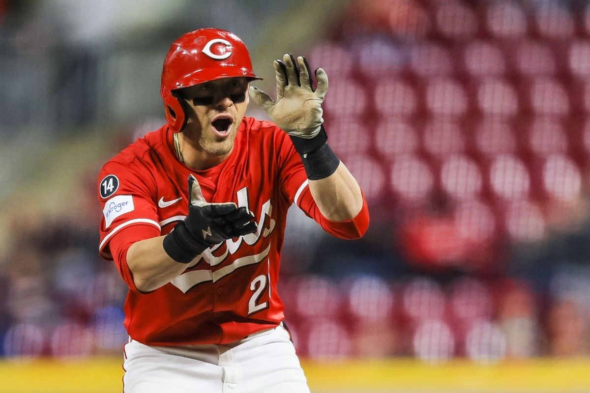 Apr 16, 2025; Cincinnati, Ohio, USA; Cincinnati Reds outfielder TJ Friedl (29) reacts after hitting a single in the seventh inning against the Seattle Mariners at Great American Ball Park. Mandatory Credit: Katie Stratman-Imagn Images