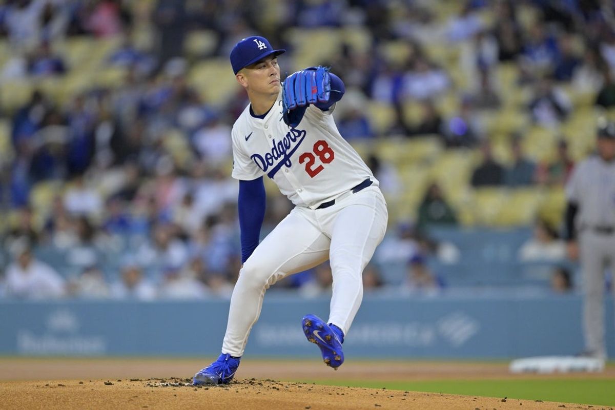 Apr 16, 2025; Los Angeles, California, USA;  Los Angeles Dodgers pitcher Bobby Miller (28) pitches in the first inning against the Colorado Rockies at Dodger Stadium. Mandatory Credit: Jayne Kamin-Oncea-Imagn Images