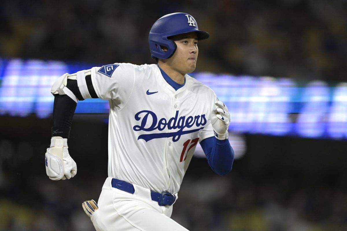 Apr 16, 2025; Los Angeles, California, USA;  Los Angeles Dodgers designated hitter Shohei Ohtani (17) grounds out in the eighth inning against the Colorado Rockies at Dodger Stadium. Mandatory Credit: Jayne Kamin-Oncea-Imagn Images