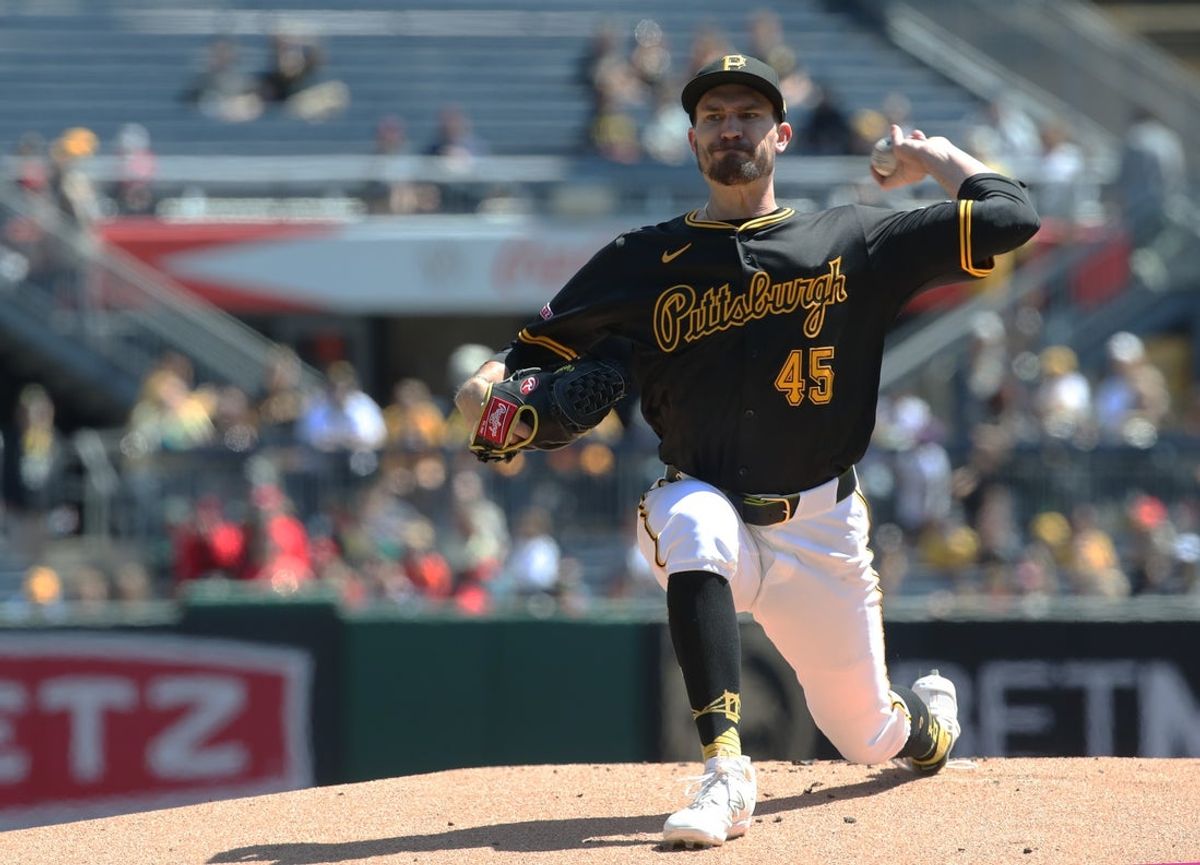 Apr 17, 2025; Pittsburgh, Pennsylvania, USA;  Pittsburgh Pirates starting pitcher Andrew Heaney (45) delivers a pitch against the Washington Nationals during the first inning at PNC Park. Mandatory Credit: Charles LeClaire-Imagn Images