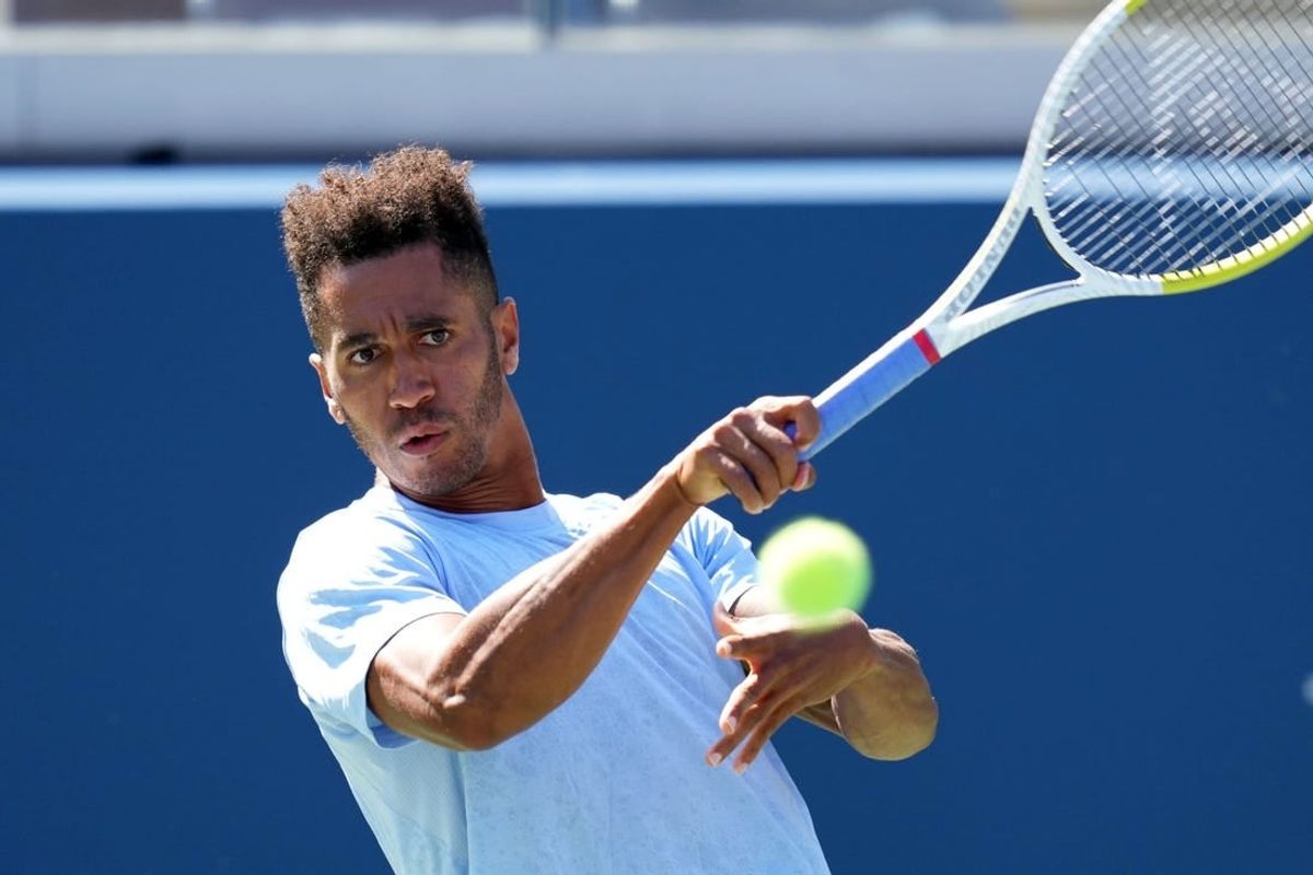 Sep 2, 2023; Flushing, NY, USA; Michael Mmoh of the United States hits to Jack Draper of Great Britain on day six of the 2023 U.S. Open tennis tournament at USTA Billie Jean King National Tennis Center.
