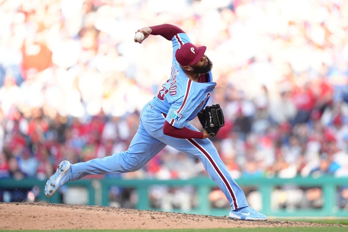 Apr 17, 2025; Philadelphia, Pennsylvania, USA; Philadelphia Phillies relief pitcher Jose Alvarado (46) throws a pitch against the San Francisco Giants in the ninth inning at Citizens Bank Park. Mandatory Credit: Kyle Ross-Imagn Images