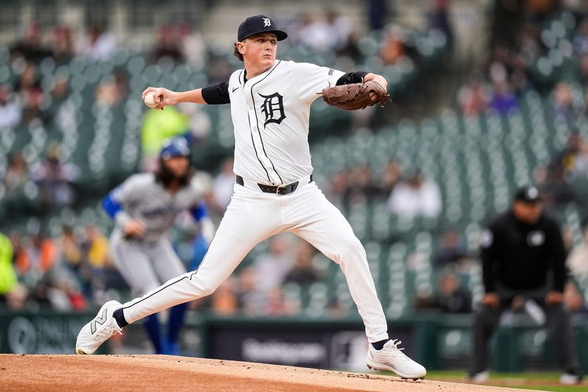 Detroit Tigers pitcher Reese Olson (45) throws against Kansas City Royals during the first inning at Comerica Park in Detroit on Thursday, April 17, 2025.