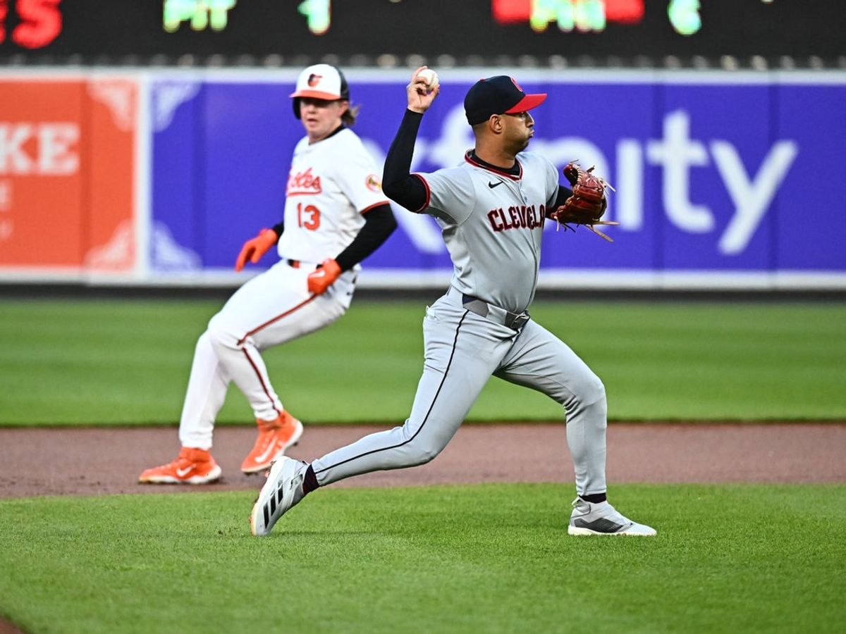 Apr 17, 2025; Baltimore, Maryland, USA;  Cleveland Guardians shortstop Brayan Rocchio (4) throws to first base during the second inning against the Baltimore Orioles at Oriole Park at Camden Yards. Mandatory Credit: James A. Pittman-Imagn Images