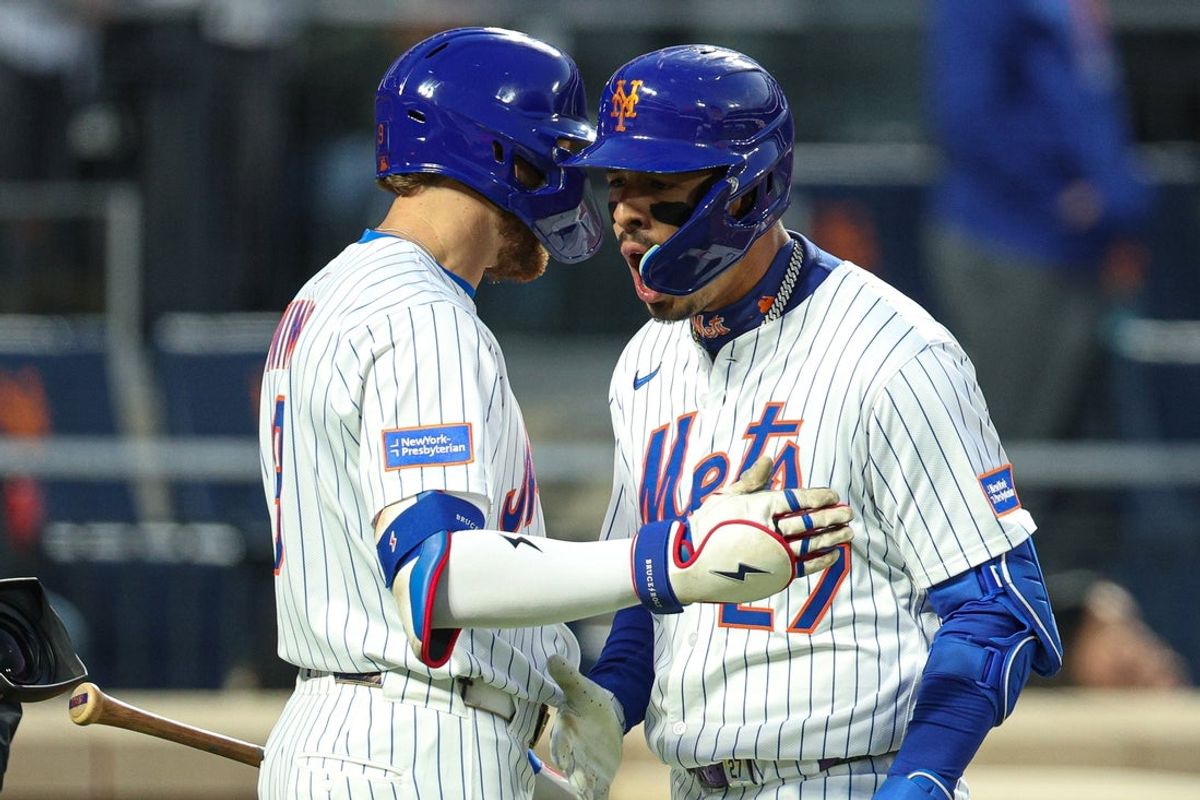 Apr 17, 2025; New York City, New York, USA; New York Mets third baseman Mark Vientos (27) celebrates with left fielder Brandon Nimmo (9) after his solo home run during the second inning against the St. Louis Cardinals at Citi Field. Mandatory Credit: Vincent Carchietta-Imagn Images