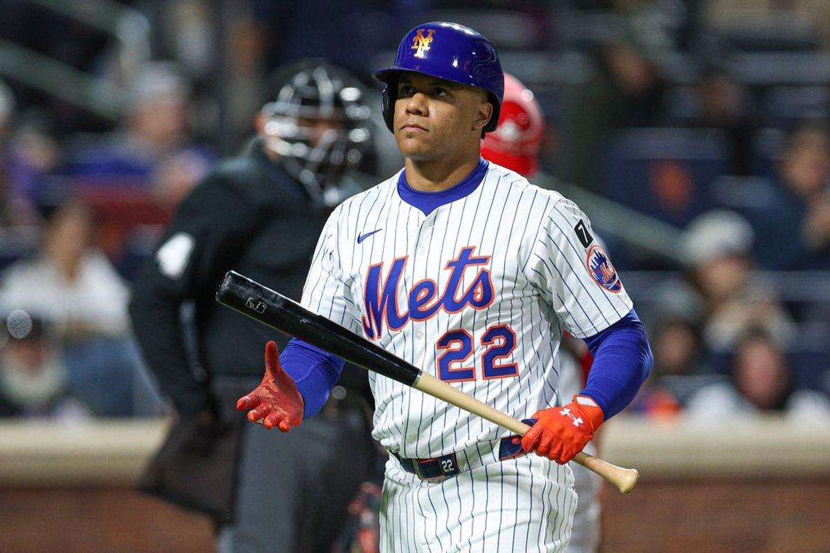 Apr 17, 2025; New York City, New York, USA; New York Mets right fielder Juan Soto (22) reacts after striking out during the third inning against the St. Louis Cardinals at Citi Field. Mandatory Credit: Vincent Carchietta-Imagn Images