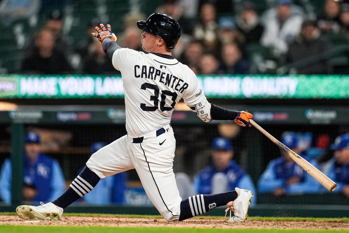 Detroit Tigers right fielder Kerry Carpenter (30) bats against Kansas City Royals during the eighth inning at Comerica Park in Detroit on Thursday, April 17, 2025.