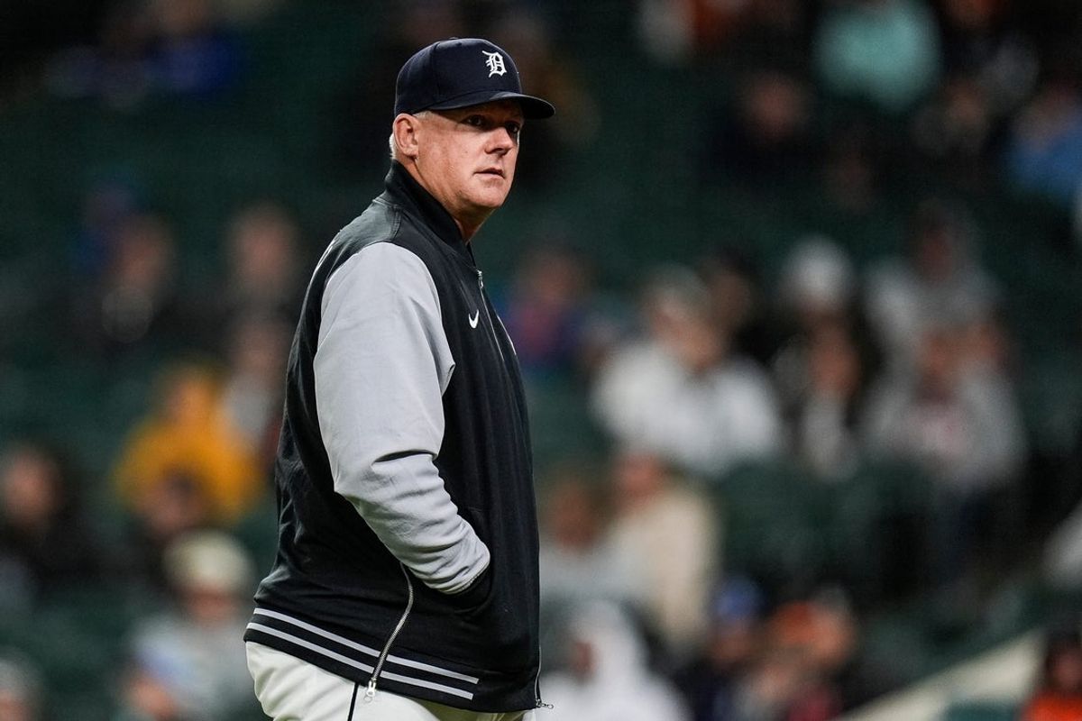 Detroit Tigers manager A.J. Hinch (14) walks off the field after pitching change during the eighth inning against Kansas City Royals at Comerica Park in Detroit on Thursday, April 17, 2025.