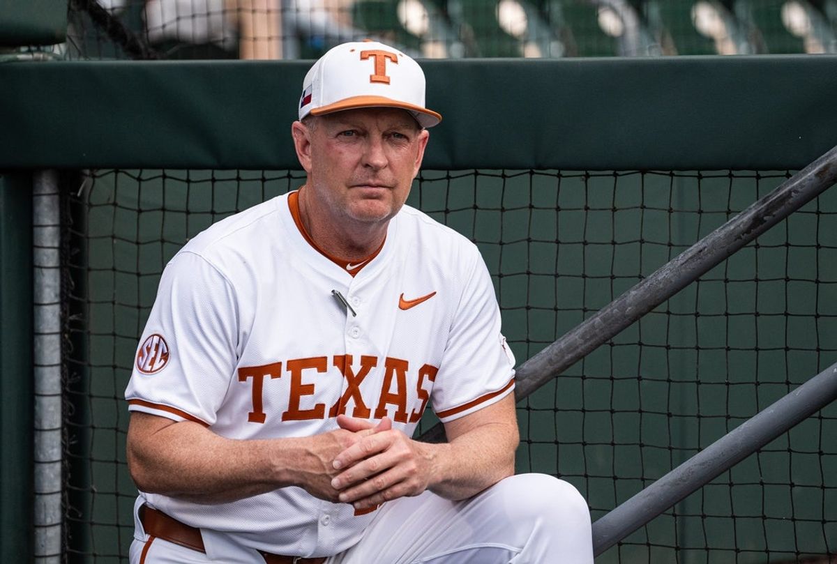 Texas Baseball coach Jim Schlossnagle watches from the dugout as the Longhorns prepare to take on the Auburn Tigers in the first game of a three-game series on Thursday night at UFCU Disch-Falk Field in Austin, April 17, 2025.