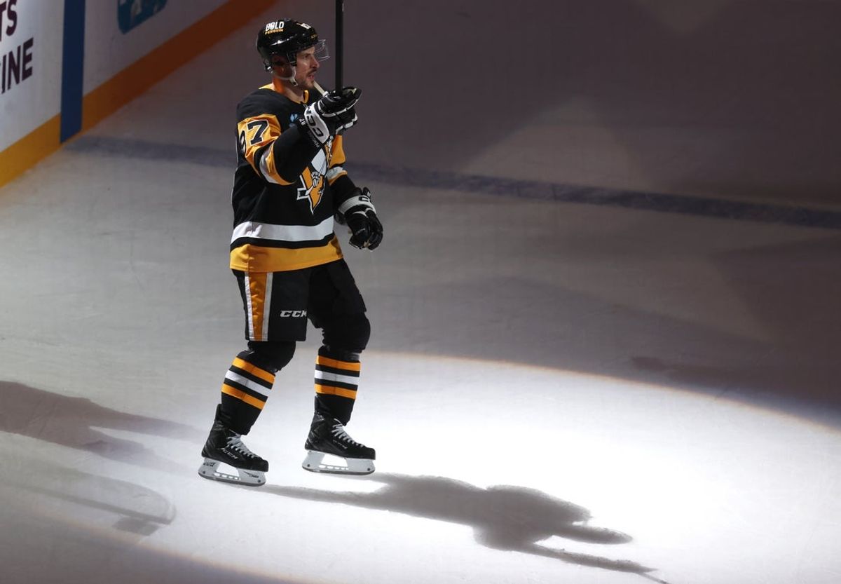 Apr 17, 2025; Pittsburgh, Pennsylvania, USA;  Pittsburgh Penguins center Sidney Crosby (87) reacts after being named a star of the game against the Washington Capitals at PPG Paints Arena. Mandatory Credit: Charles LeClaire-Imagn Images