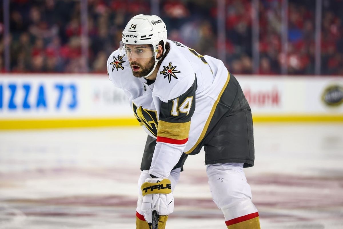 Apr 15, 2025; Calgary, Alberta, CAN; Vegas Golden Knights defenseman Nicolas Hague (14) against the Calgary Flames during the first period at Scotiabank Saddledome. Mandatory Credit: Sergei Belski-Imagn Images