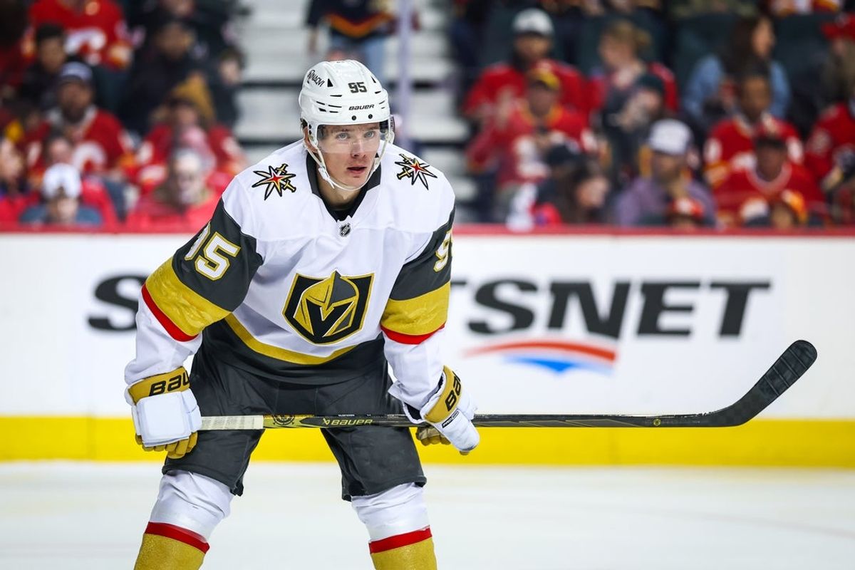 Apr 15, 2025; Calgary, Alberta, CAN; Vegas Golden Knights right wing Victor Olofsson (95) against the Calgary Flames during the first period at Scotiabank Saddledome. Mandatory Credit: Sergei Belski-Imagn Images