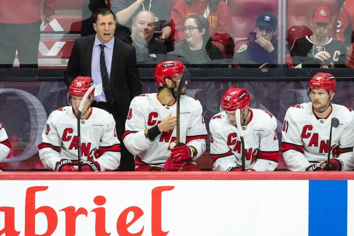 Apr 17, 2025; Ottawa, Ontario, CAN; Carolina Hurricanes head coach Rod Brin'Amour calls out to his team in the third period against the  Ottawa Senators at the Canadian Tire Centre. Mandatory Credit: Marc DesRosiers-Imagn Images