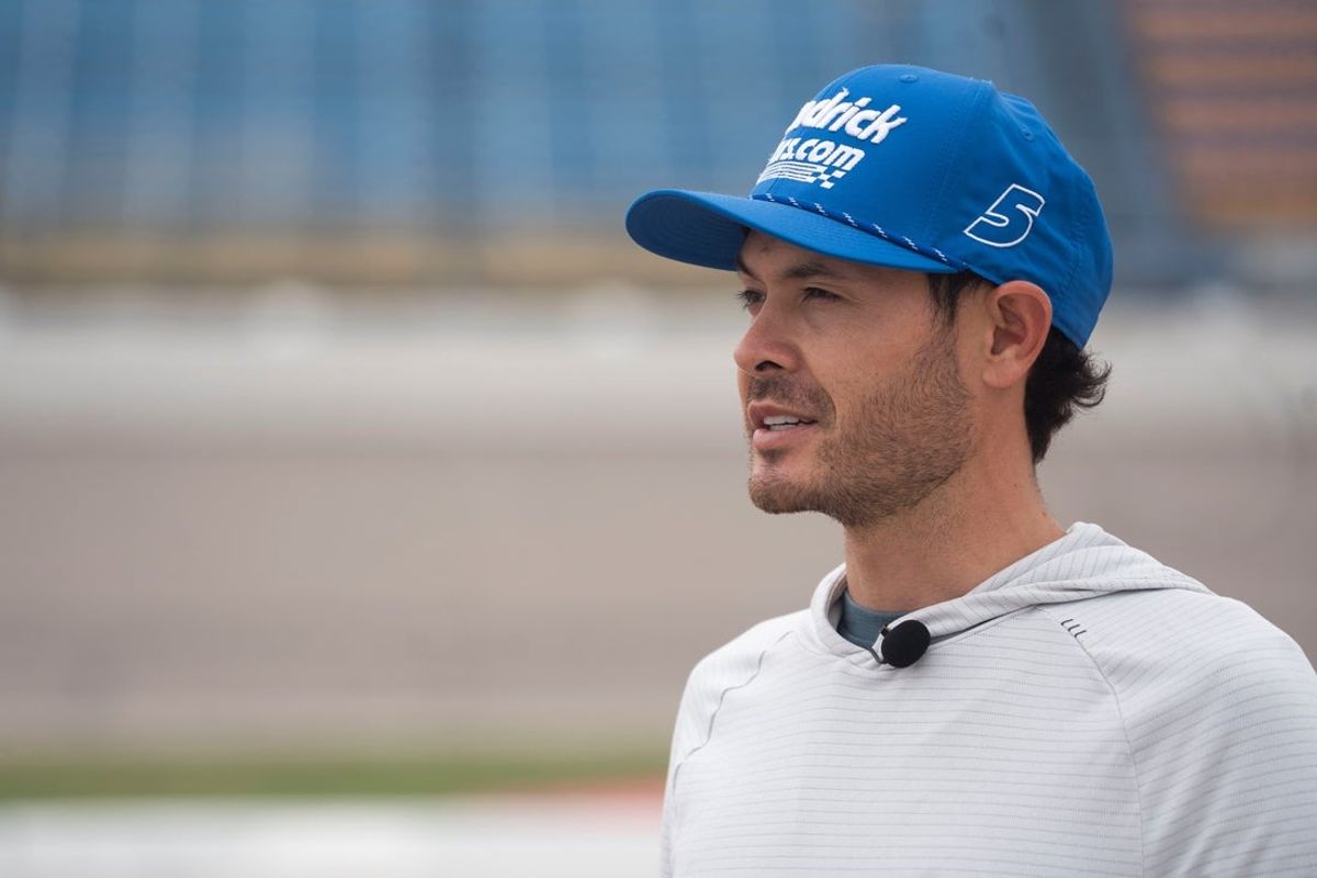 NASCAR Cup Series driver Kyle Larson speaks during an interview at Iowa Speedway on April 18, 2025, in Newton.