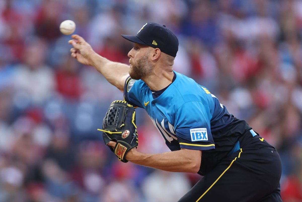 Apr 18, 2025; Philadelphia, Pennsylvania, USA; Philadelphia Phillies pitcher Zack Wheeler (45) throws a pitch against the Miami Marlins during the first inning at Citizens Bank Park. Mandatory Credit: Bill Streicher-Imagn Images