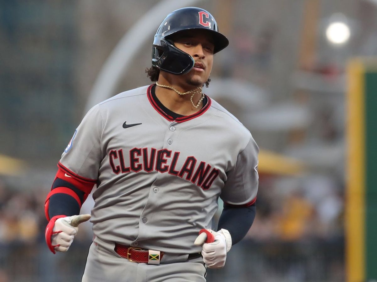 Apr 18, 2025; Pittsburgh, Pennsylvania, USA;  Cleveland Guardians catcher Bo Naylor (23) circles the bases on a solo home run against the Pittsburgh Pirates during the third inning at PNC Park. Mandatory Credit: Charles LeClaire-Imagn Images